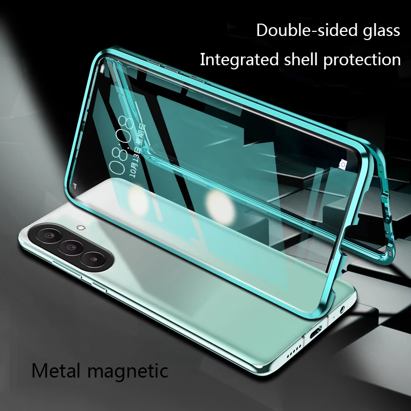 Biruiqu For Samsung Galaxy A27 Magnetic Absorption Case Metal Frame Shockproof Double Sided Tempered Glass Magnetic Case Cover