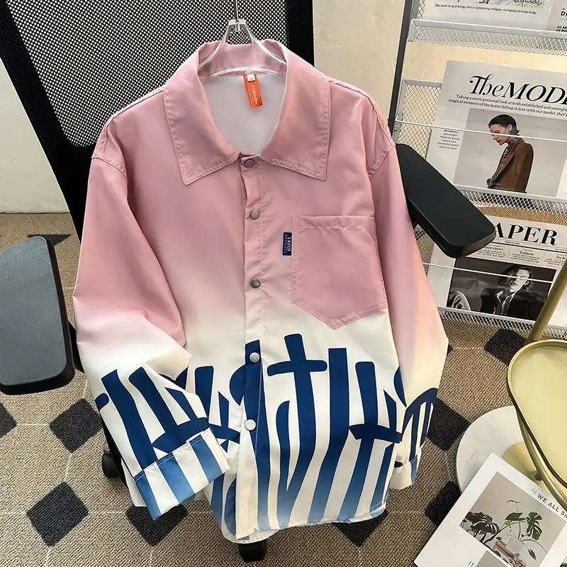 

Loose Long Sleeve Men's Shirt Pink Casual Streetwear American Design Hip Hop Versatile Spring Outerwear for Teenagers