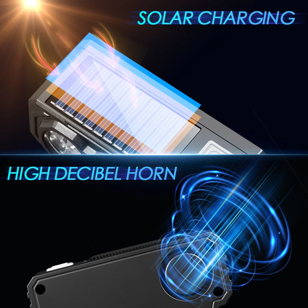 Solar Bicycle 120dB Horn Light Cycling Front Lamp, Rechargeable High Brightness Waterproof Bike Headlight, Easy to Night Riding view 2