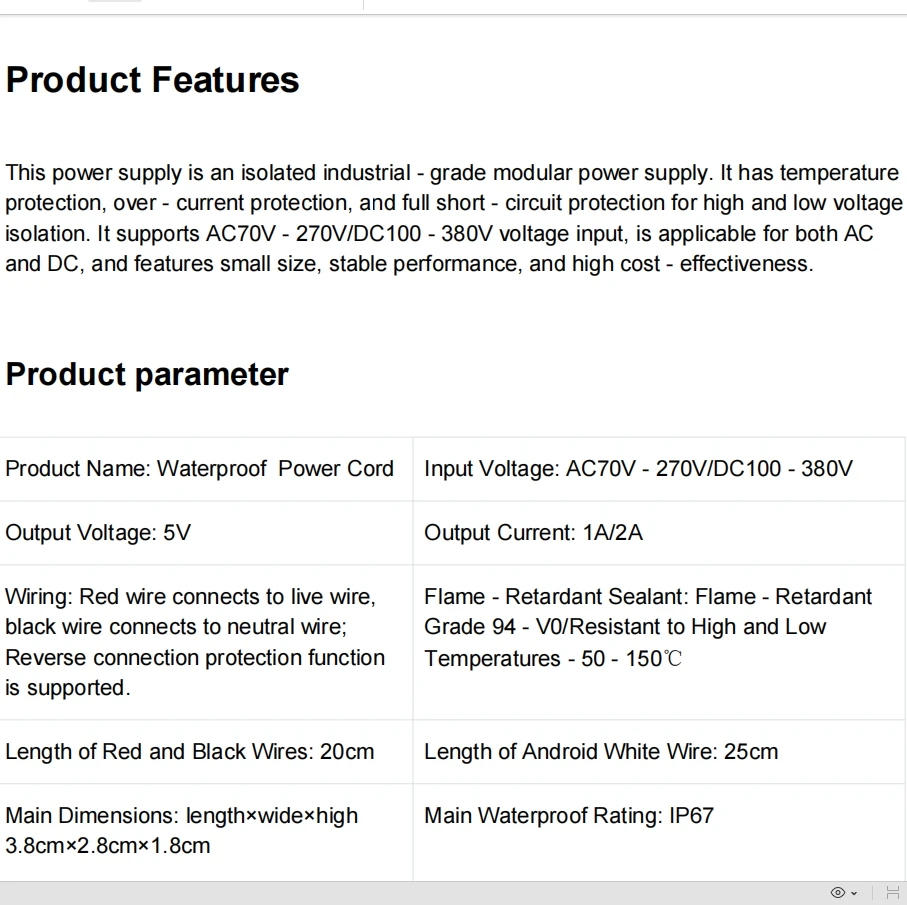 Waterproof 220V To 5V 1A/2A Wireless Video Camera Power Transformer Household Power Supply WiFi Monitoring Adapter USB Port