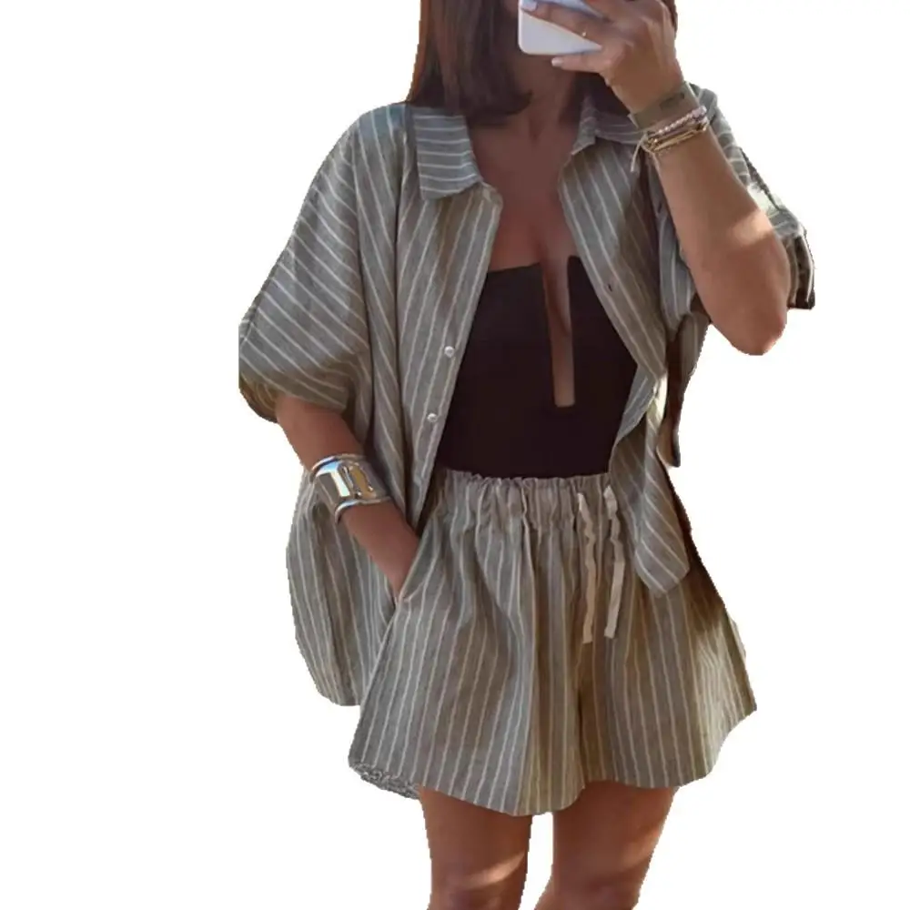 Summer Stripe Casual Loose Women's irt orts Set with ket Faionable Two-Piece Suit for Young Women Button-Up  Ne