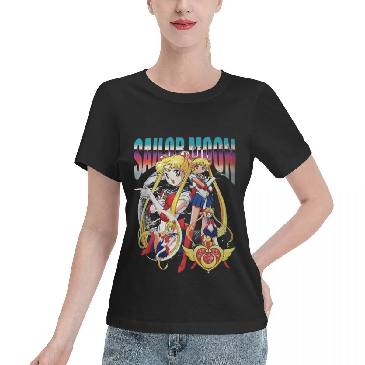 Camiseta de manga curta masculina 100% algodão, Sailor Moon, blusa solta