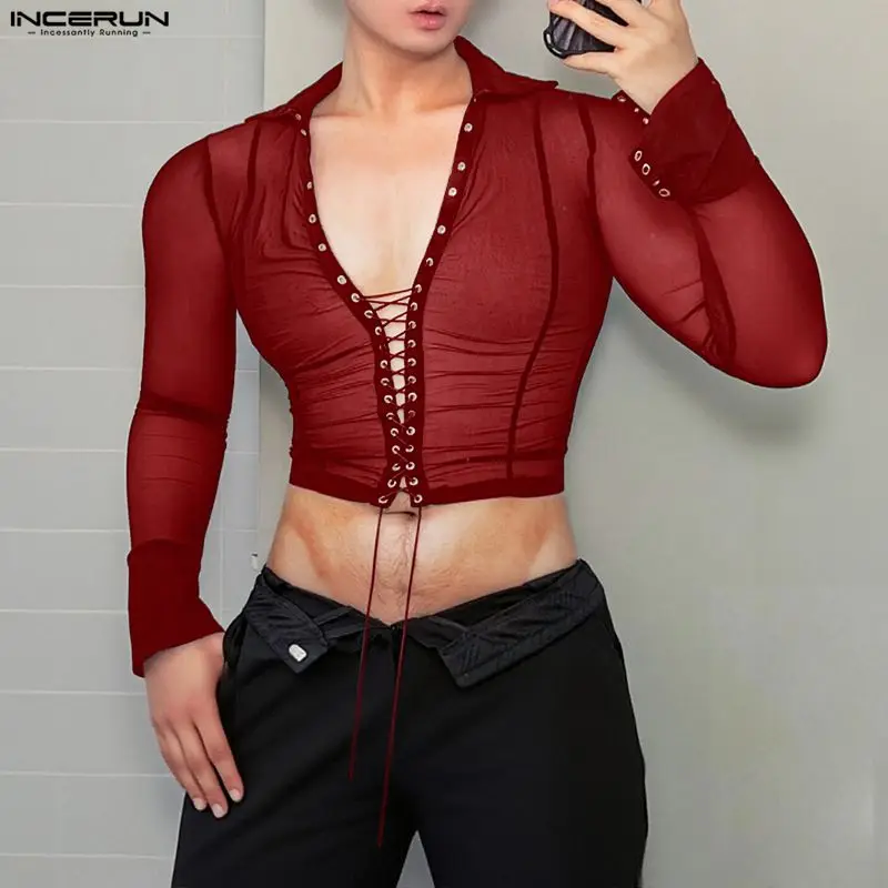 INCERUN Men T Shirt Mesh Patchwork V Neck Long Sleeve Sexy Male Crop Tops Streetwear See Through Lace Up Fashion Camisetas 2026