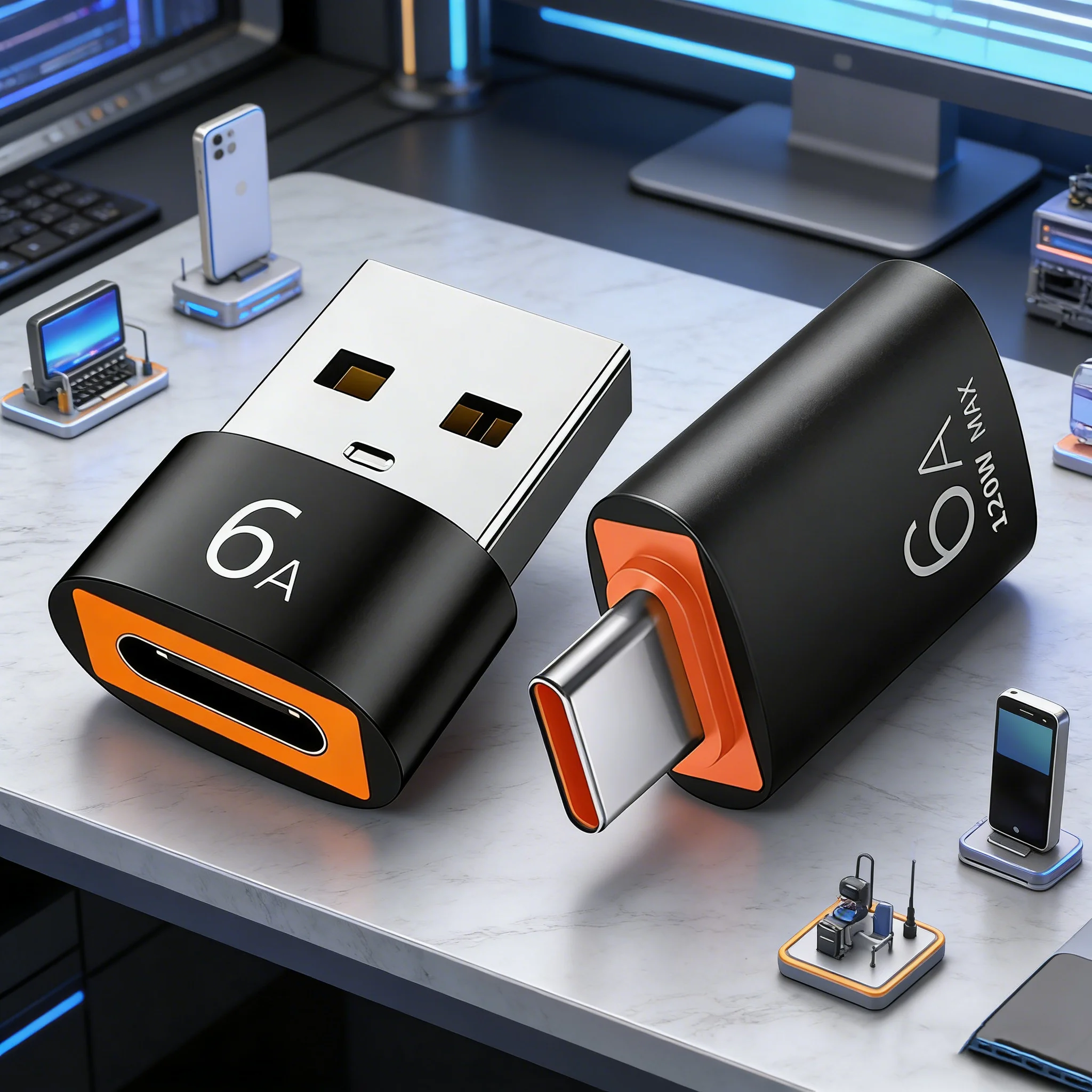 6A USB To Type C OTG Adapter 120W USB-C Male To Type-c Female Charger Converter for Macbook Samsung Data Transfer 1pc 2pcs