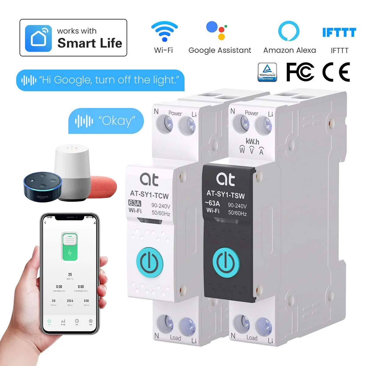 TUYA WiFi/ZigBee MCB Smart Circuit Breaker Over Current Under Voltage Protection Power Metering 63A Remote Control Switch