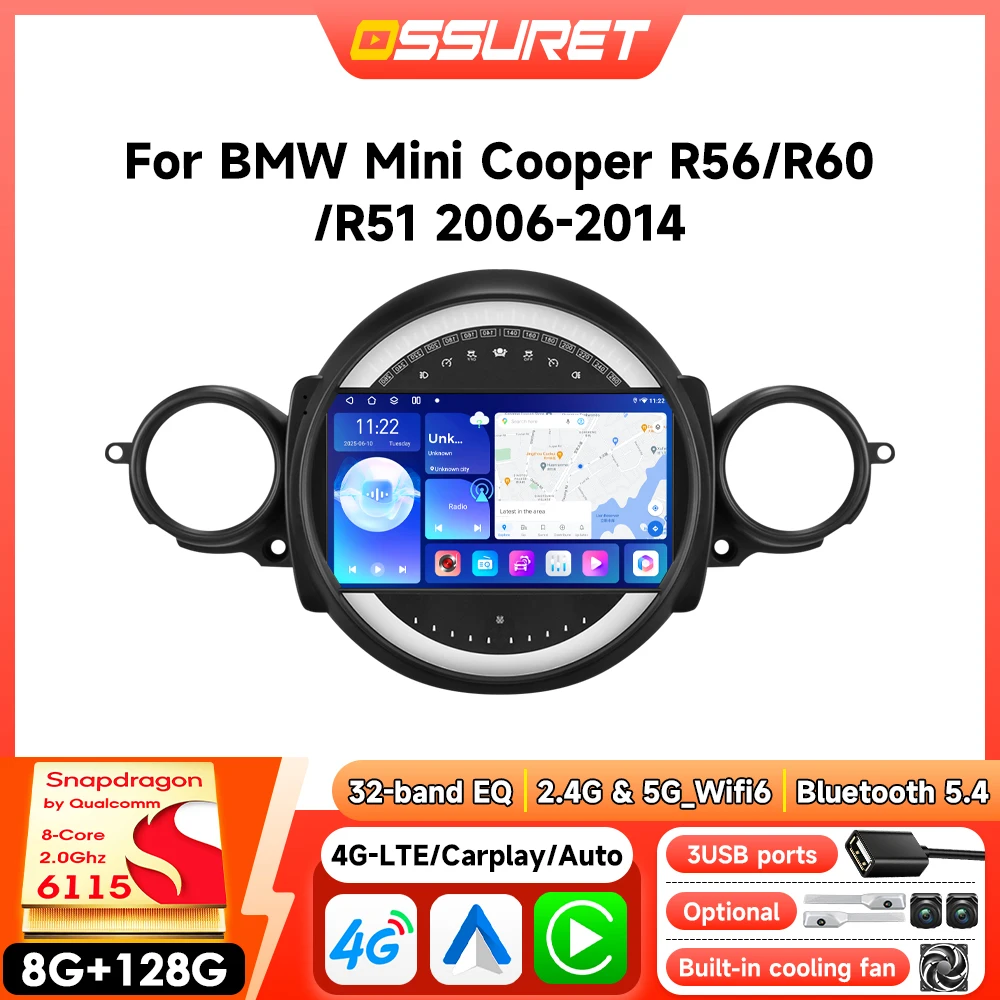 Android-Autoradio-GPS-Player für BMW Mini Cooper R56 R60 R51 2006 - 2014, kabelloses CarPlay, intelligenter Bildschirm, Stereo-Multimedia