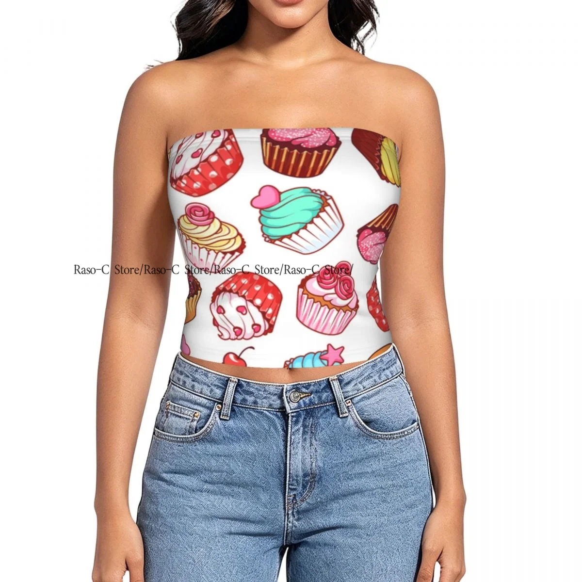 Women's strapless halter top Cupcakes Background summer sexy short-sleeved top