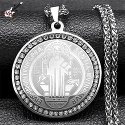 Hop Hop Saint Benedict Medal Necklace for Women Men Rhinestone Stainless Steel San Benito Cspb Cross Chain Biker Jewelry NZZZS06
