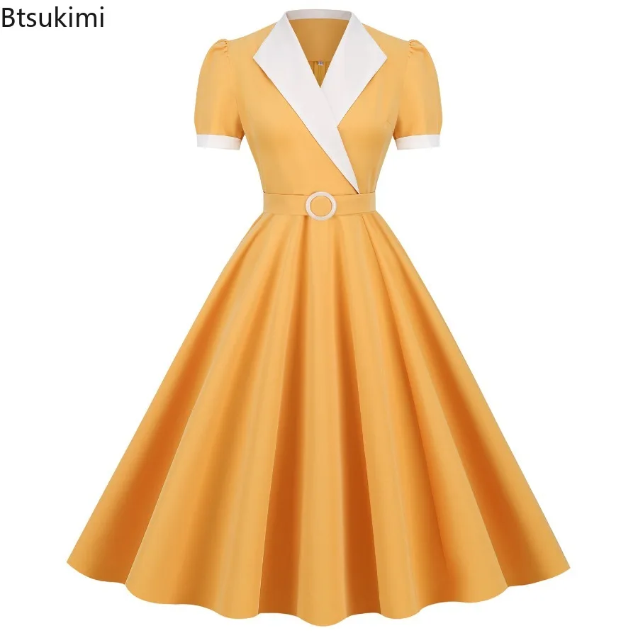

New 2025 Women's Summer Vintage V-Neck Swing Dress Rockabilly Cocktail Tea Party Dress WIth Belt Plaid Casual Dress for Women