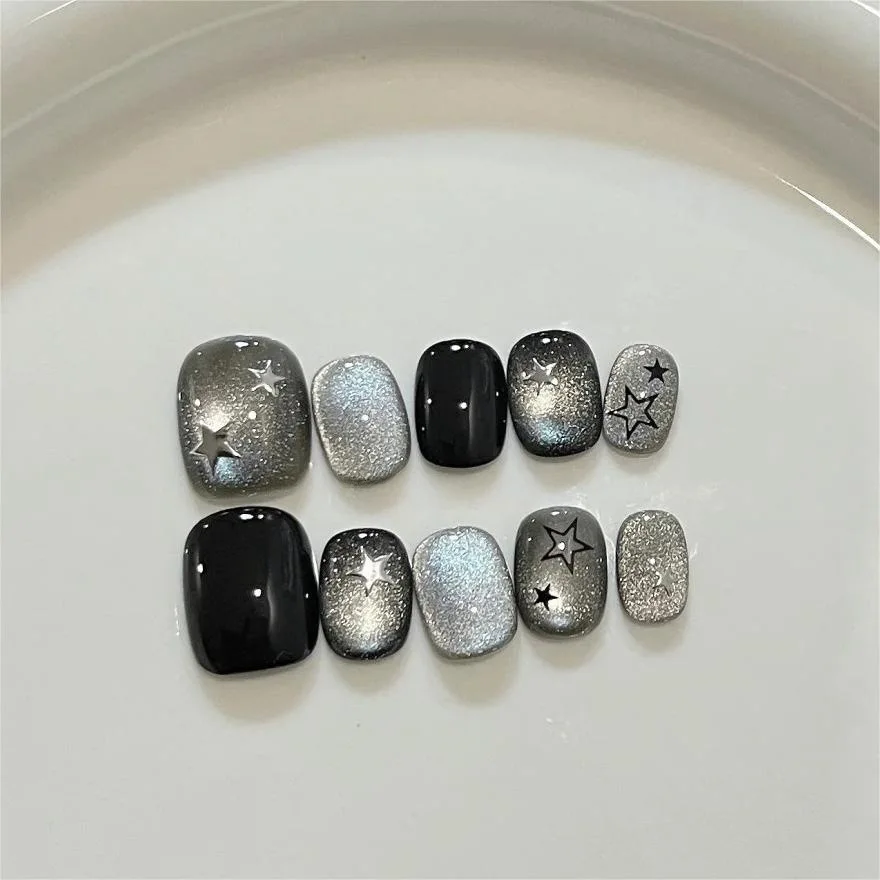 

10Pc Acrylic Black Sweet Cool Cat Eye Press on Nails Star Print Glitter False Nails Short Squoval Artificial Fake Nails for Girl