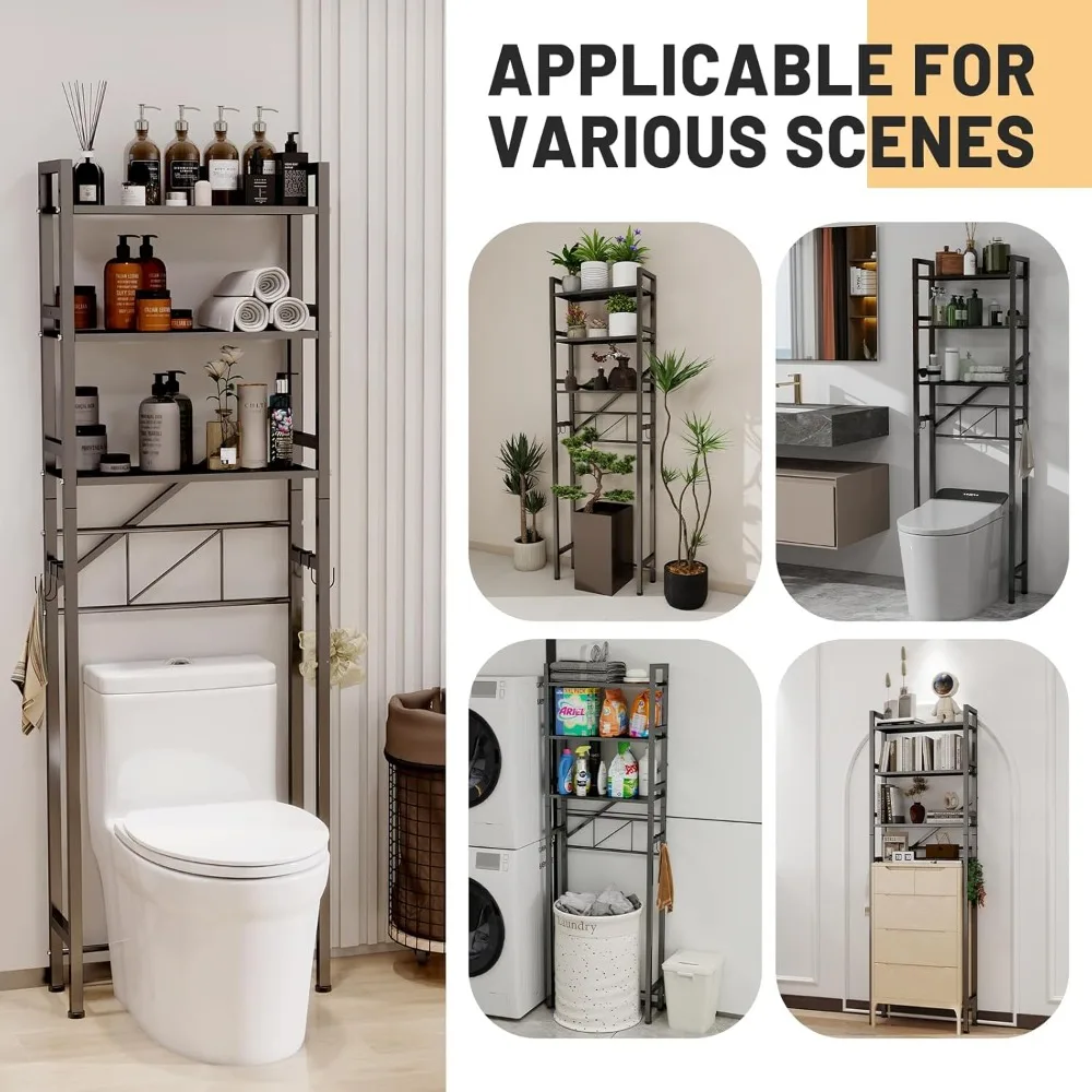 Over The Toilet Storage Cabinet, Metal 3 Tier Bathroom Organizer Shelf, Stable Freestanding Above Toilet Stand, Black