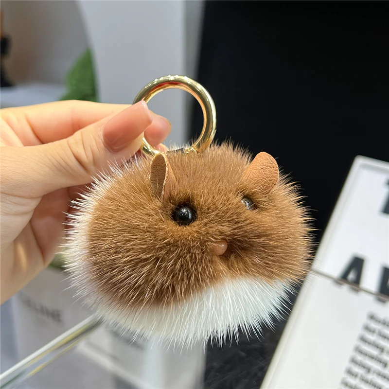 Plush Real Mink Fur Keychain Cute Hamster Toy Kids Trinkets Women Handbag Charm Ornaments Car Keyring Pendant Girl Birthday Gift