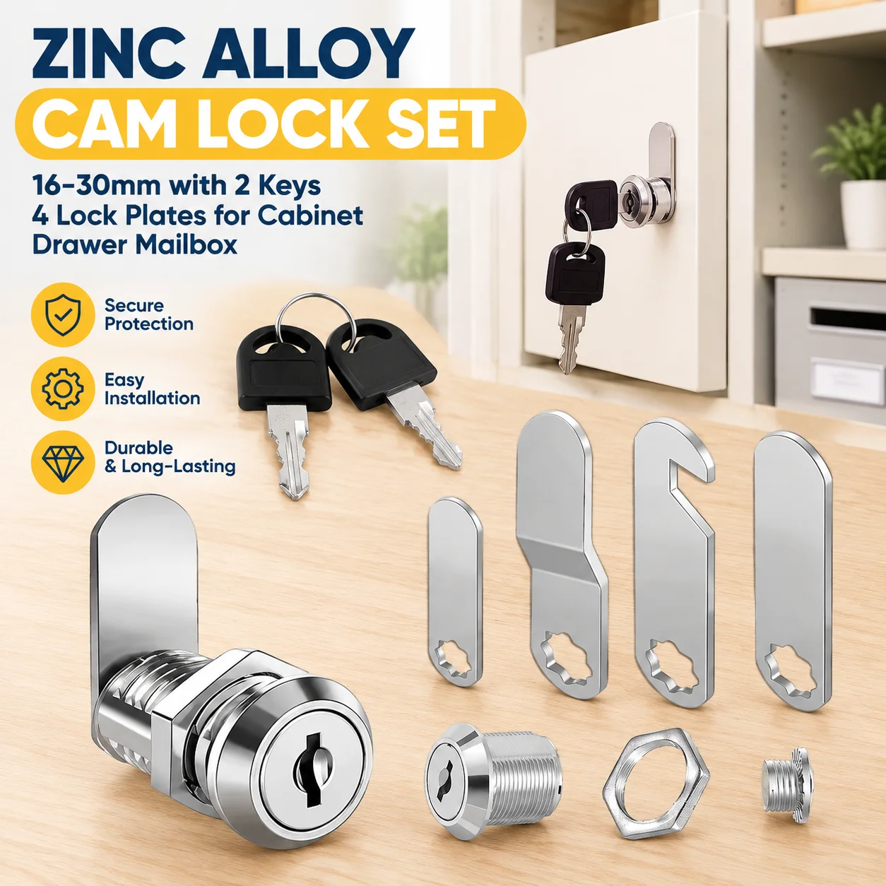 Zinc Alloy Cam Lock Set 16-30mm with 2 Keys 4 Lock Plates for Cabinet Drawer Mailbox