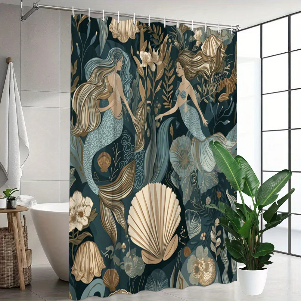 

Boho Mermaid Shower Curtain with Seashell and Floral Design Dark Teal Background Waterproof Fabric for Enchanting Bathroom Decor