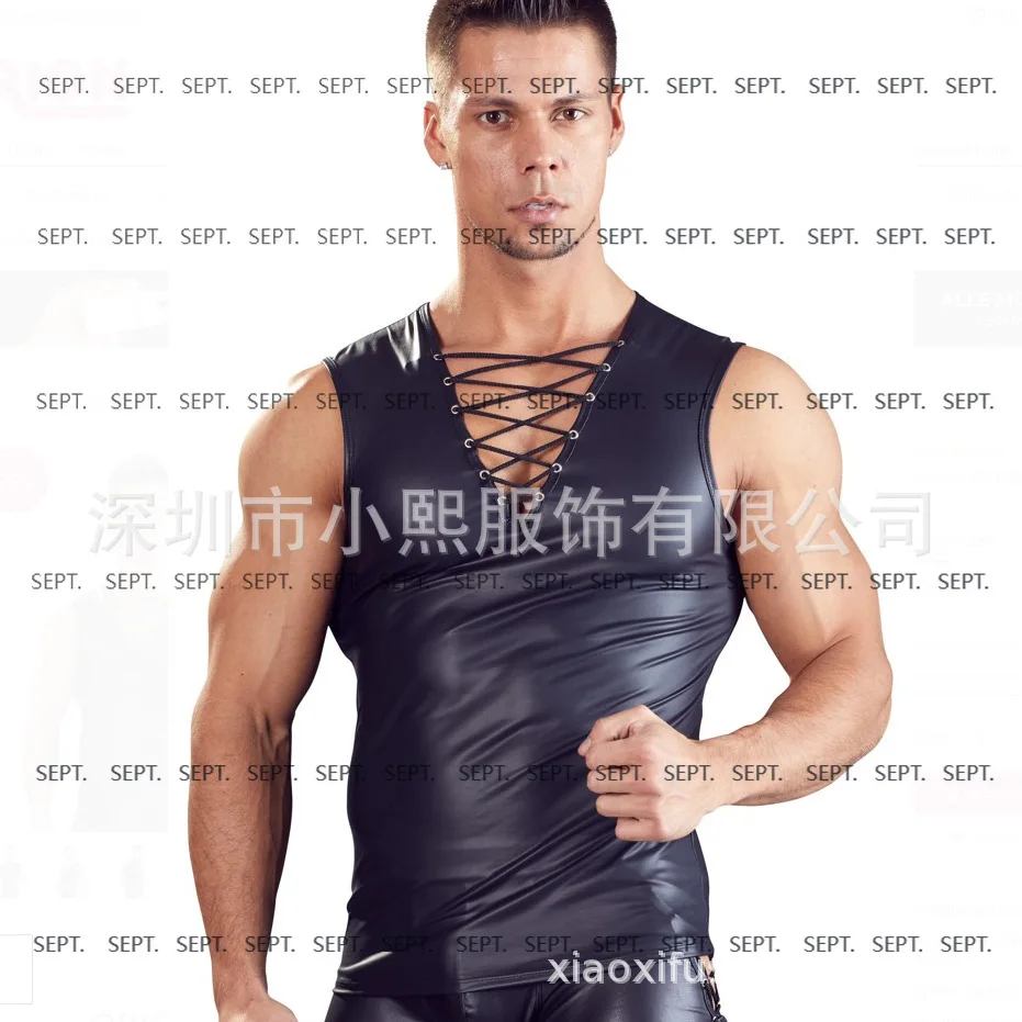 

2025 новое мужское сексуальное нижнее белье, жилет из лакированной кожи, плотный лакированный кожаный бар, сценическое выступление, верхняя одежда с короткими рукавами, оптовая продажа