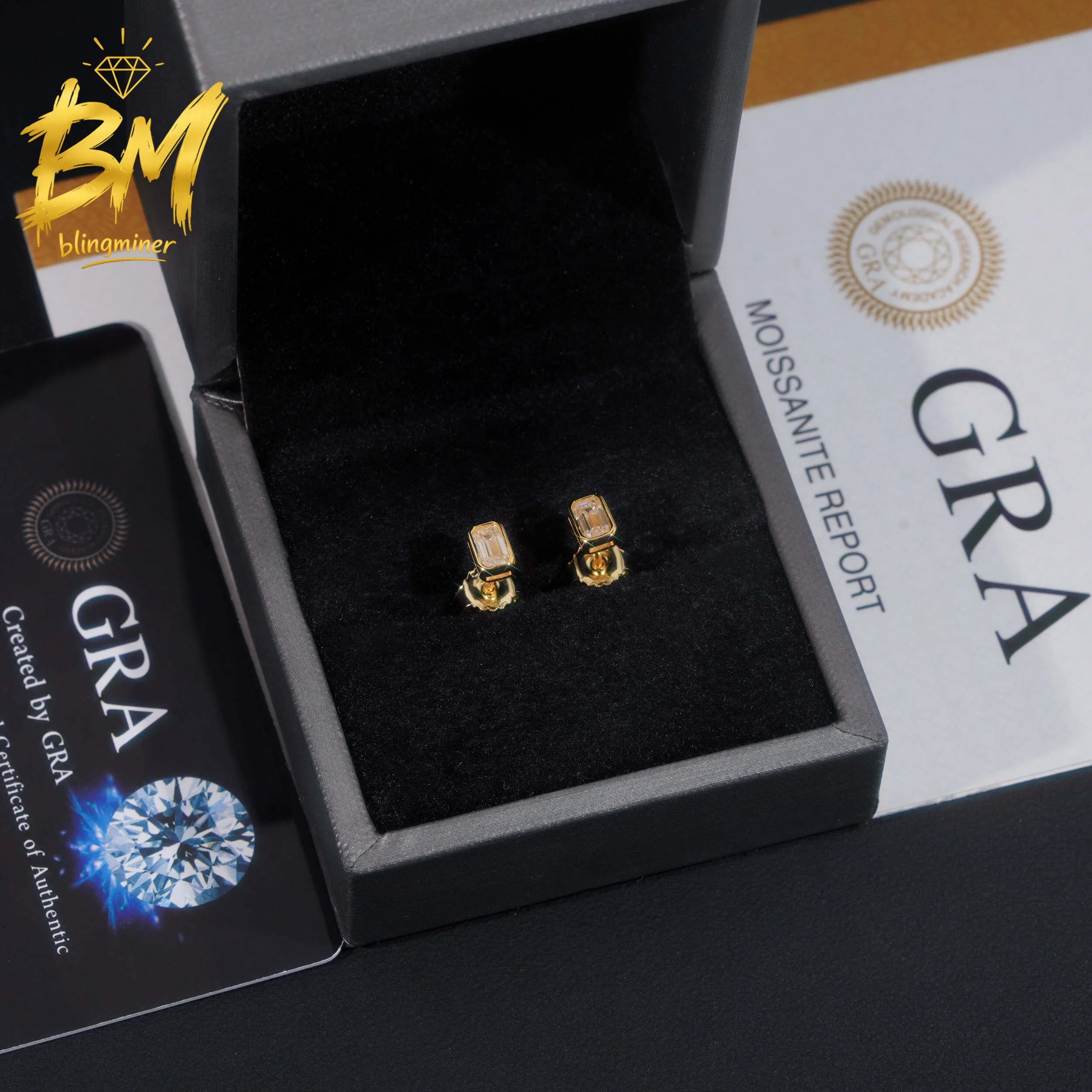 Blingminer Hip Hop Emerald Cut VVS Moissanite Earrings For Men Women S925 Silver Ear Studs Jewelry Pass Diamonds Tester GRA
