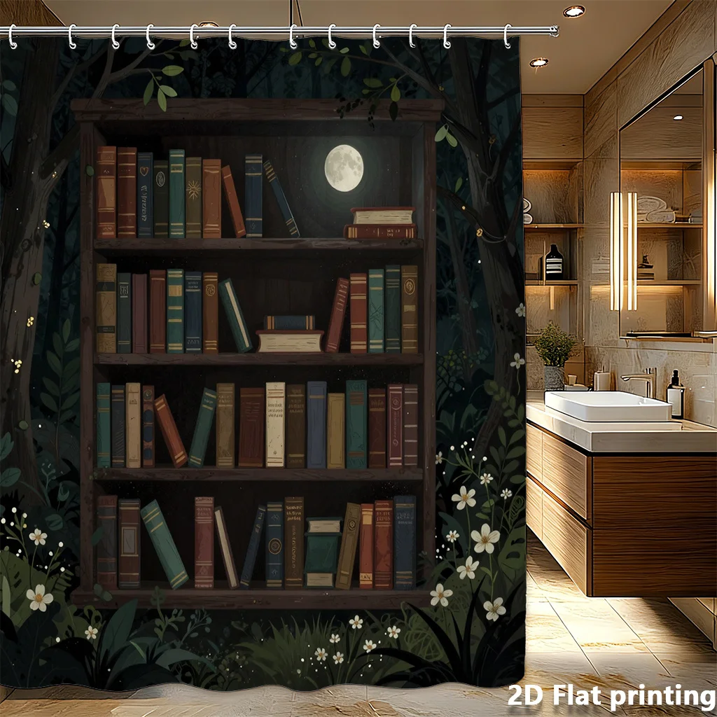 

Shower Curtain Forest Bookshelf Print Vintage Books, Full Moon White Blossoms on Dark Green, Waterproof Polyester, Grommet Top