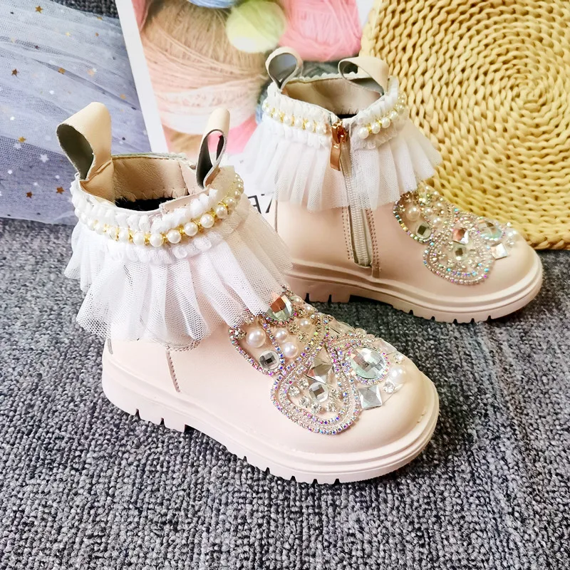 Cute Ruffles Rhinestones 2023 New Winter Children Shoes PU Leather Waterproof Kids Warm Snow Boots Pearls Princess Girls' Shoes