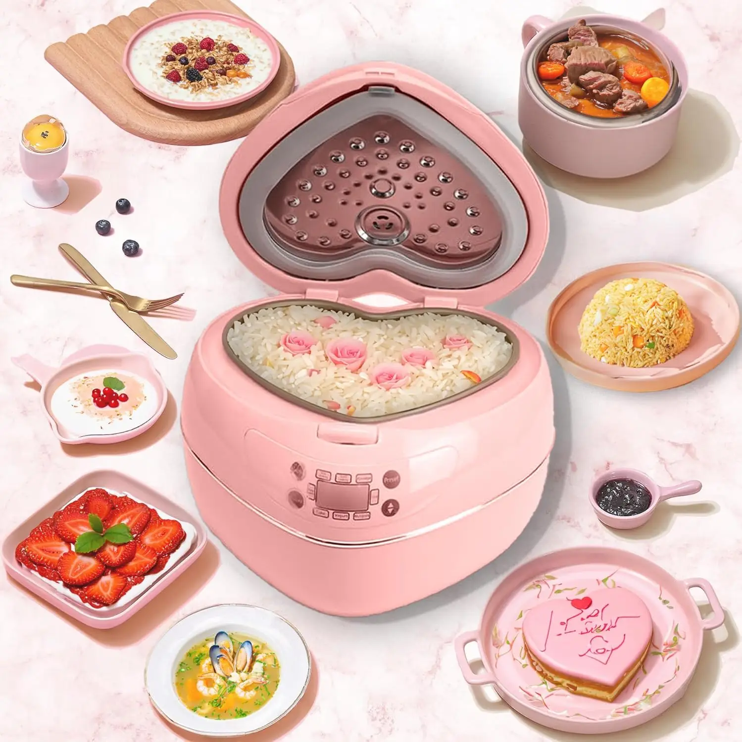 Multifunctional 1.8L Pink Rice Pot Peach Heart-Shape 8 Cups Cooked & 4 Cups Raw 300W with 220V Preset Timer for Hotel Household