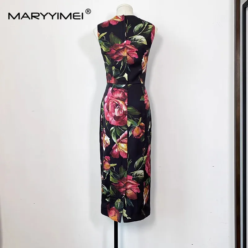 MARYYIMEI Stilista Estate Abito da donna in seta Senza maniche Stampa floreale Slim Elegante Vacanza Abiti a tubino in seta