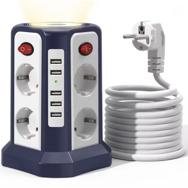 

Европейская 8-позиционная интеллектуальная розетка с 5 USB-портами Многофункциональное расширение и индивидуальное управление переключателем для дома и офиса