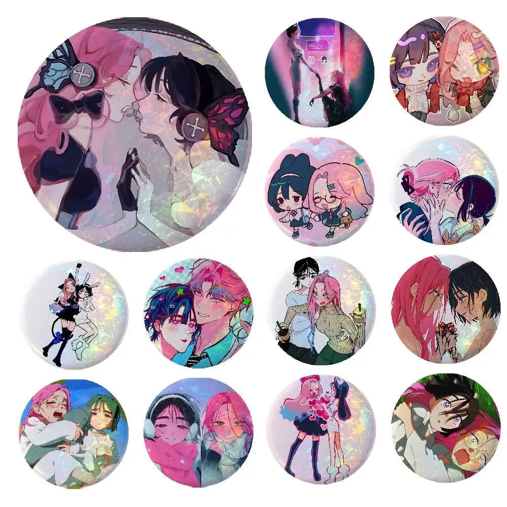 Cute F-Furina G-Genshin Impact Anime Game Laser Double Flash Tinplate Badge Cartoon Character Pin Brooch Fan Collectible Cosplay