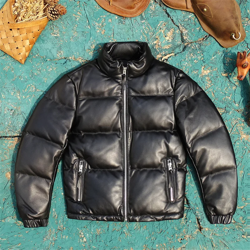 Thickened Winter Men's Black Sheepskin down Jacket Duck down Short Coat Stand Collar Warm Long Sleeve Zipper Closure Leather ...