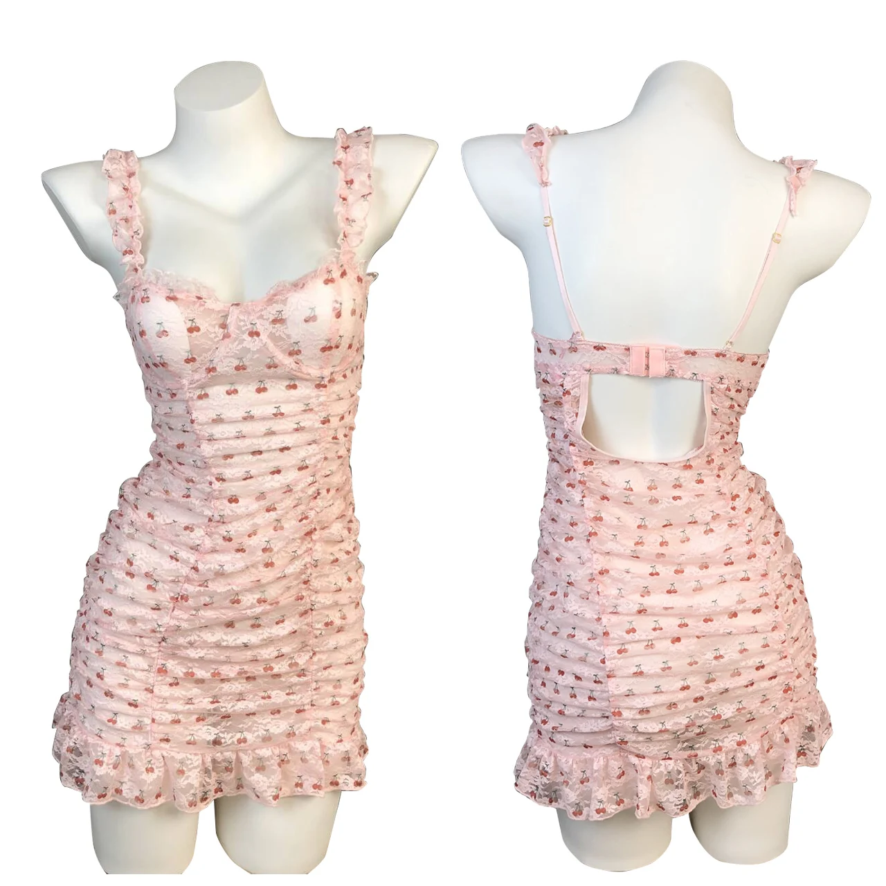 

Exotic Summer Fashion Womens New Clothing Sweet and Cute Girl Style Cherry Printed Bow Decoration Dots Ruffle Elegant Dress