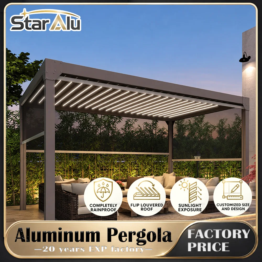 Motorized Louvered Pergola Bioclimatic 6063 T5 Aluminum Waterproof Electric Gazebo Canopy Swimming Pool Beach Patio Custom