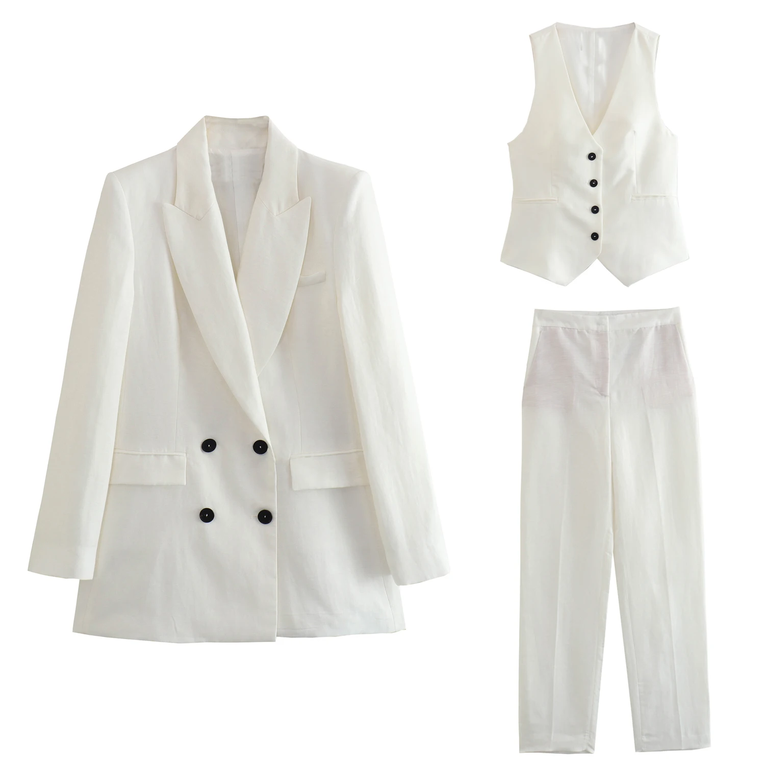 

2025 винтажный однотонный роскошный женский повседневный женский костюм с длинным рукавом, двубортный свободный пиджак, тонкий жилет, шикарные широкие брюки