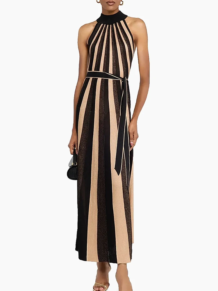 Summer Fashion Party Vintage Striped Silver Wire Knitting A-Line Long Dress Women's Stand Collar Sleeveless Belt Slim Dresses