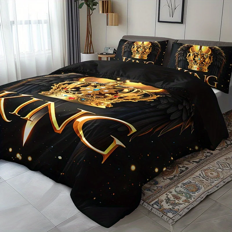 

3pcs Luxury King Crown Bedding Duvet Cover Set King Crown Bedding Quilt Set Luxury King Themed Bed Black Golden Bedroom