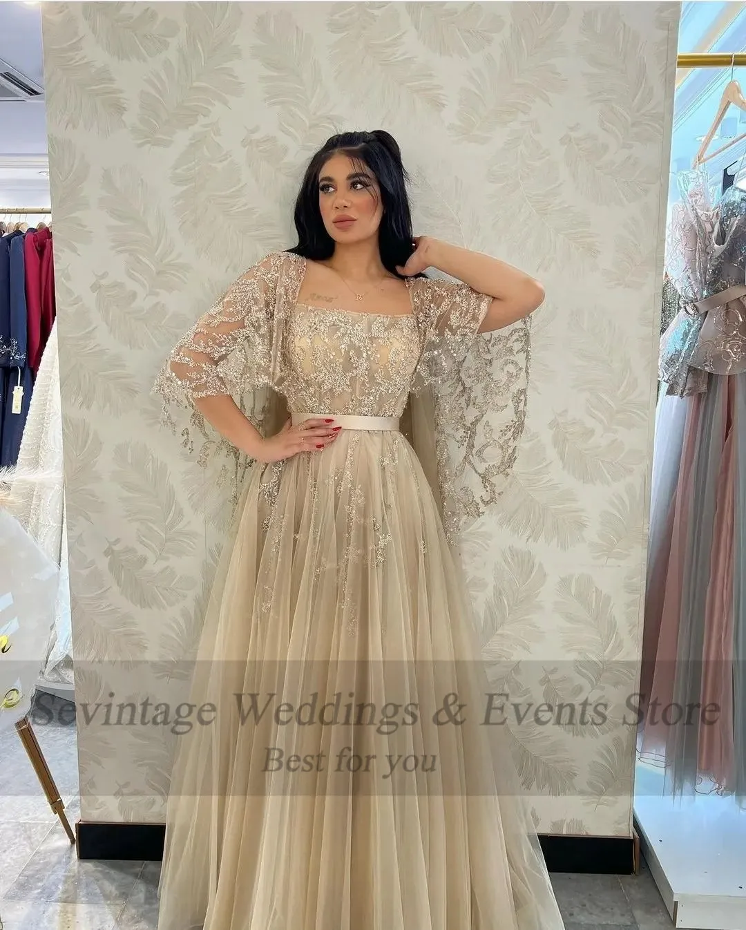 Sevintage-Vestidos de Fiesta de Arabia Saudita para mujer, de noche con ropa Formal Apliques de encaje, Mangas de casquillo, línea A, especial