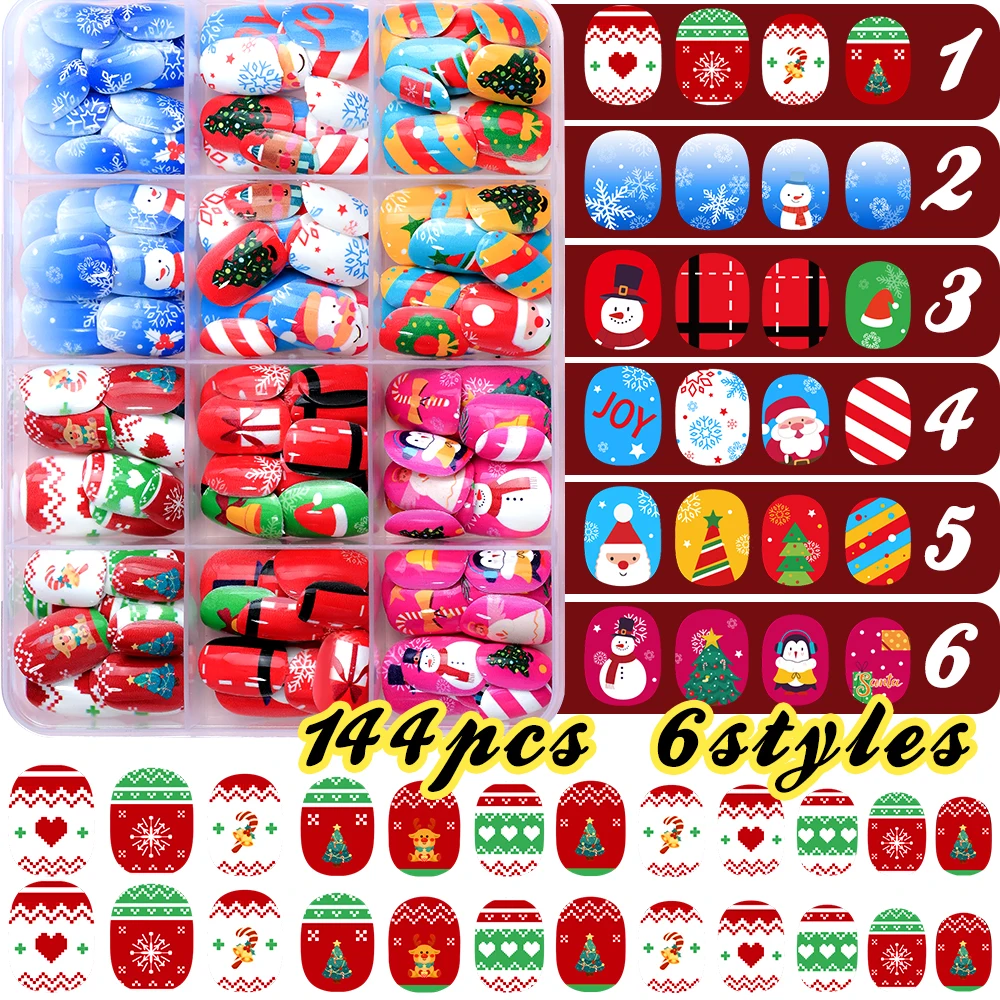 144Pcs/Box Kids Girl Christmas Press on Nails Cartoon Santa Claus Snowflake False Nail Tips Children Short Artificial Fake Nails