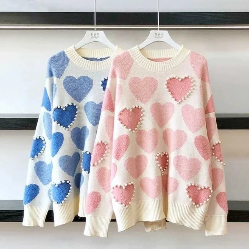 

Winter Warm O-neck Long-sleeved Pullover Heart-shaped Knitted Sweater Elegant Pearl Beading Women's Fashion Casual Sweater