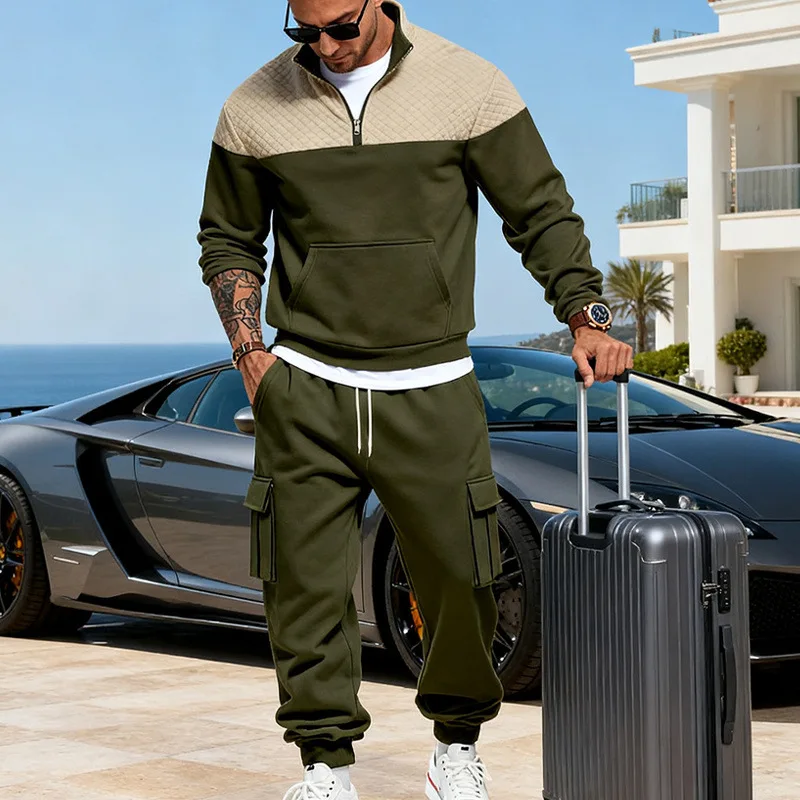 

Men's 2 Piece Tracksuit Set Color Block Quarter Zip Hoodie Cargo Joggers Outfit