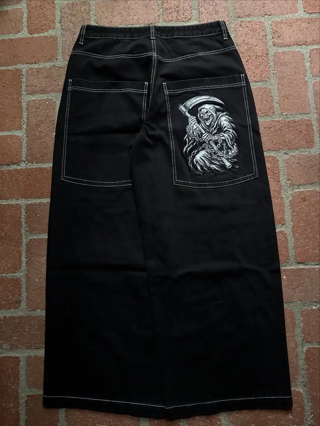 

Y2K New Skull Printed Jeans American Fashion Trend White Line Embroidered Wide Leg Pants Men Hip Hop Gothic Harajuku Denim Pants