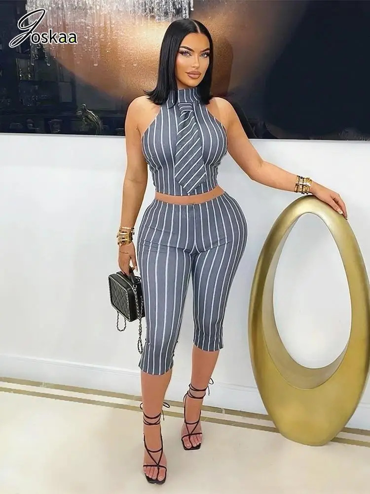 

Joskaa Women's 2025 Striped Print Two Piece Set Casual Backless Halter Tank Tops and Capri Pants Matching Holiday Streetwear