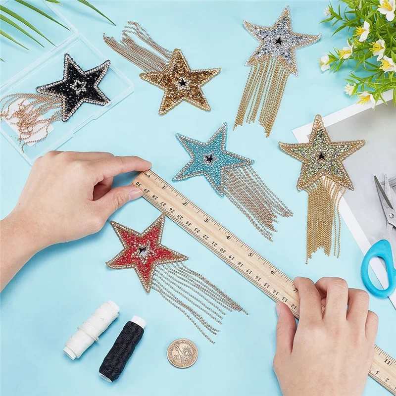 

FX-6Pcs Star Rhinestone Patches With Chain Tassels Five-Pointed Star Ironing Patches Clothes Hat Jeans Bag Dress Pants DIY