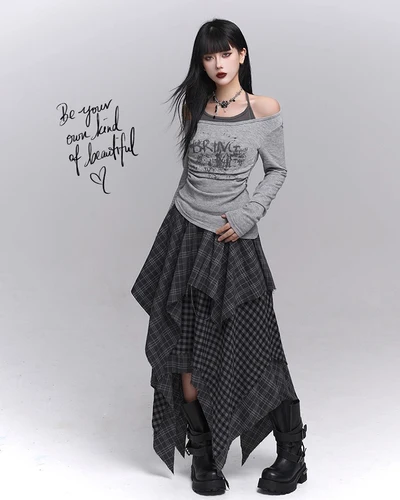 Imagen 2 del producto REDDACHiC Acubi falda asimétrica a cuadros a la moda Alt Goth cintura elástica puntada borde crudo falda larga fluida de talla grande pantalones de mujer