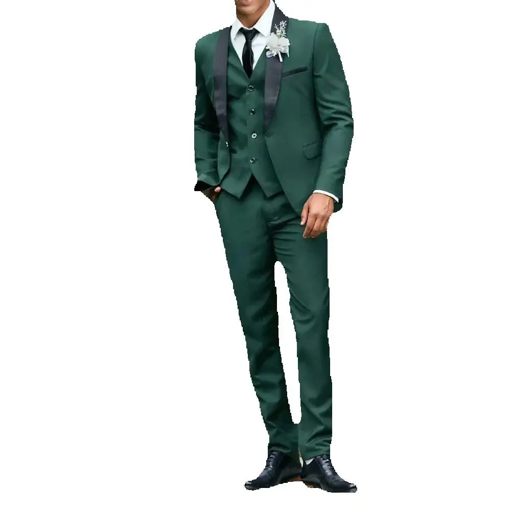 Elegant Wedding Green Men Suits Formal Slim Fit 3 Piece Jacket Pants Vest Full Sets Single Breasted Shawl Lapel Male Clothing