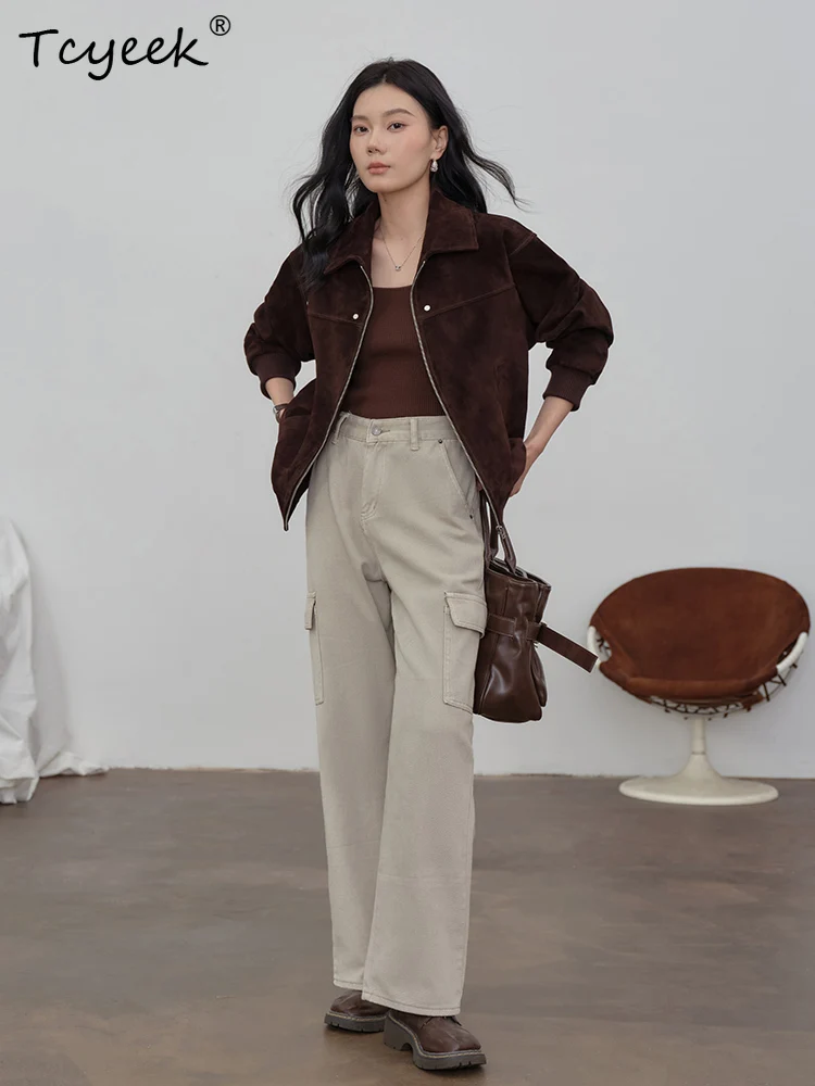 Tcyeek Real Sheepskin Spring Autumn High End Trendy Lapel Suede Brown Women's Genuine Leather Jacket Женская Кожаная Куртка