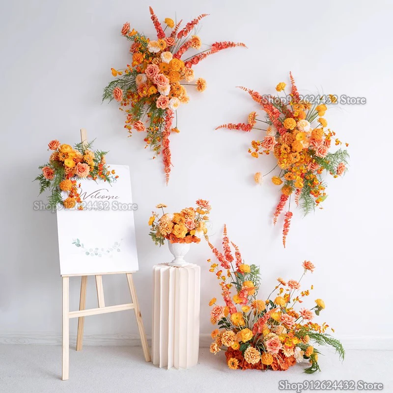 

Orange Rose Dahlia Flower Row Arrangement Table Finished Wedding Wedding Arch Flower Ball Props Road Lead Decor Floral Party