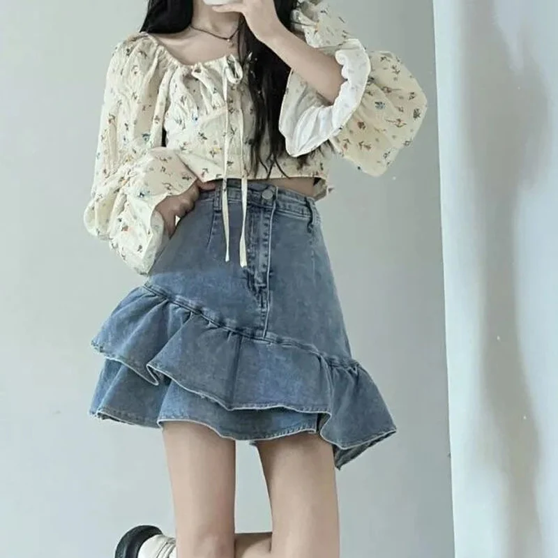 

Hot Sweet Women Skirt Vintage Distressed Empire Trumpet High Street Slim Solid Asymmetrical Ruffles Denim Skirt Woman