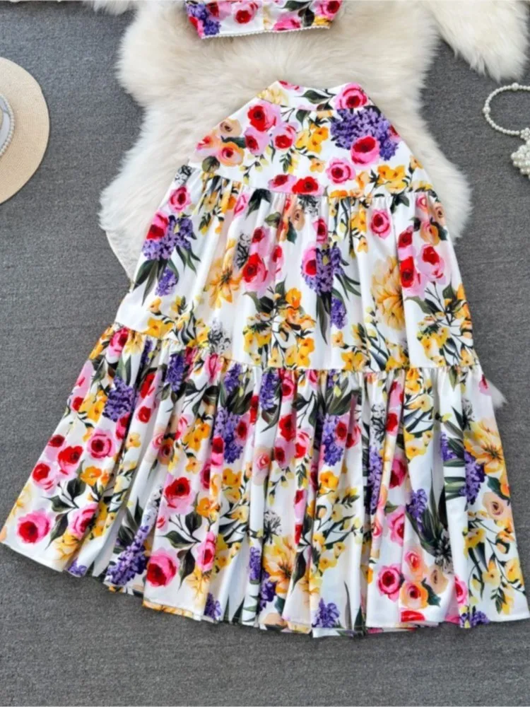 Women Elegant Casual Printed Skirts Suit Summer Fashion Vintage Chic Floral Tanks Tops A-Line Saya Two Pieces Set Female Clothes