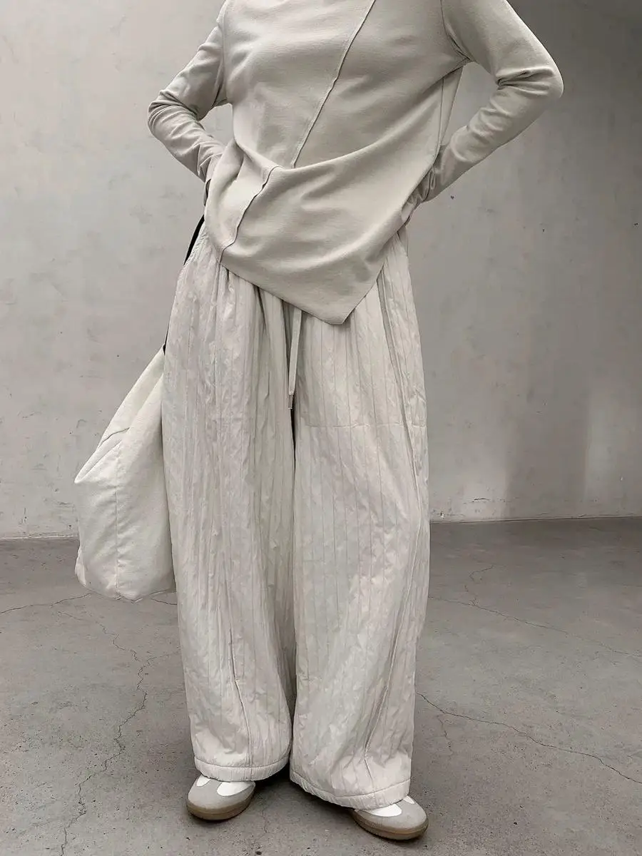 

Thickened Fleece Wide Leg Casual Pants Women's Winter Outerwear Vertical Stripe Embossed High Waist Harlan Lazy Shape Cotton ...