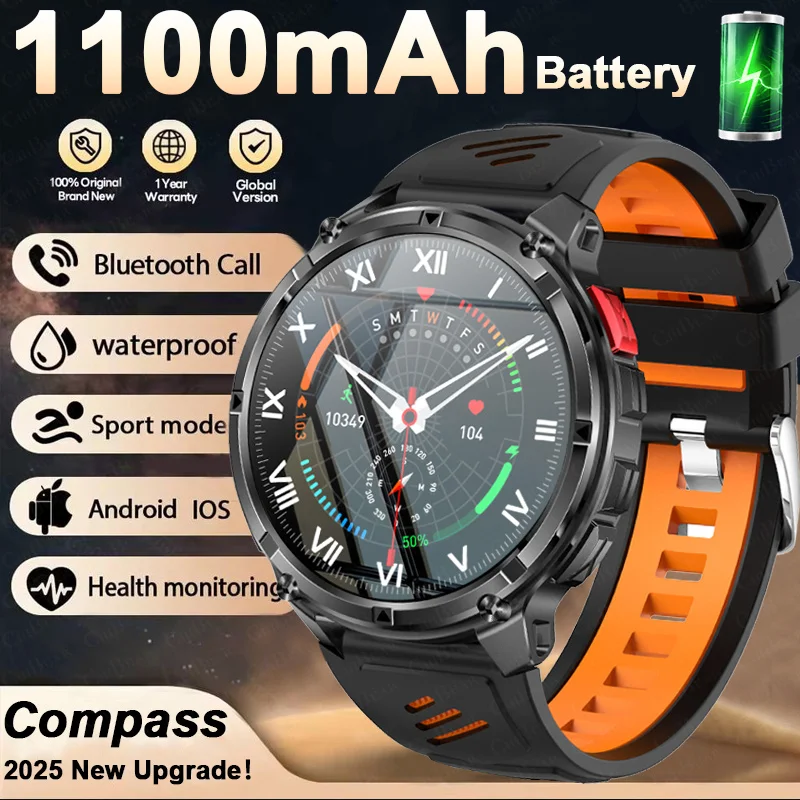 

2025Новинка, 1100 мАч, умные часы для мужчин, спортивный компас, 1,7 дюйма, Bluetooth-вызов, уличный фонарик, будильник, водонепроницаемые умные часы для женщин