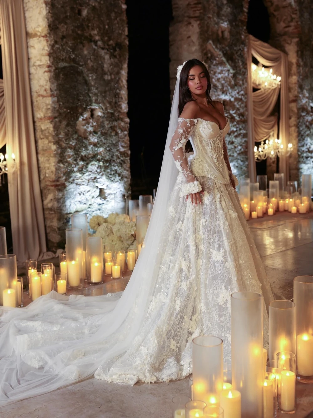 

Newest Romantic Floral Lace Wedding Dress Charming Sparkly Corset Customzied Bridal Gown Classy Off Shoulder A Line Fairy Wear