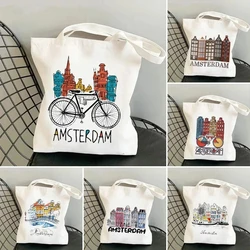 Women's Urban Landscape Amsterdam Shopping Bag Canal Home Dutch Canvas Shoulder Bag Tote Eco Shopper Reusable Handbag