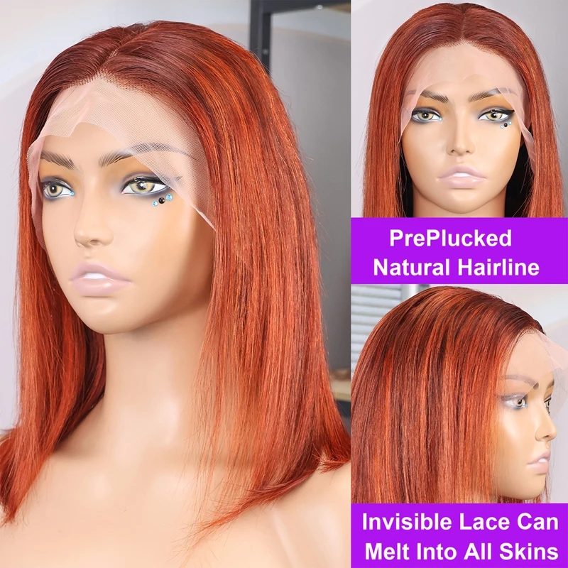 Прямой парик Боб Шелковистый мелированный рыжий оранжевый цвет 200% Плотность 13x4 Парик фронта шнурка 100% парики из человеческих волос Предварительно выщипанные детские волосы